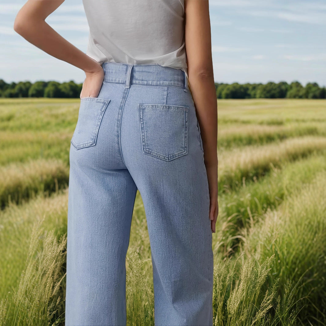 European And American High Waist Beaded Stretch Curling Jeans Wide Leg