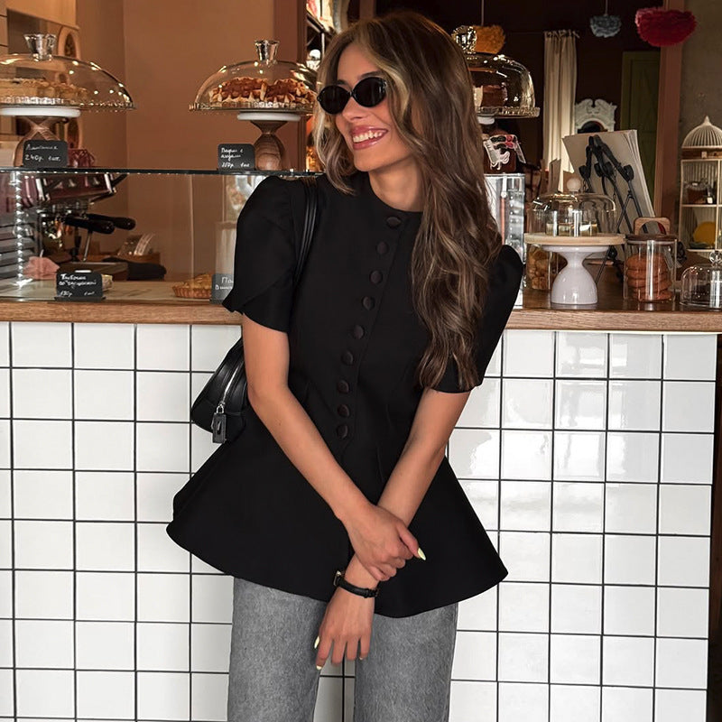 Stand Collar Single-breasted High-waist Blouse