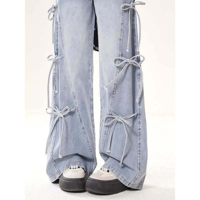 Bow Bandage Jeans For Women Loose-fitting Wide-leg Trousers