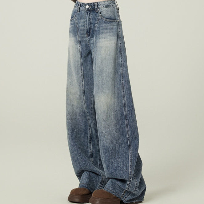 Retro Blue High Street Loose Wide Leg Jeans For Women