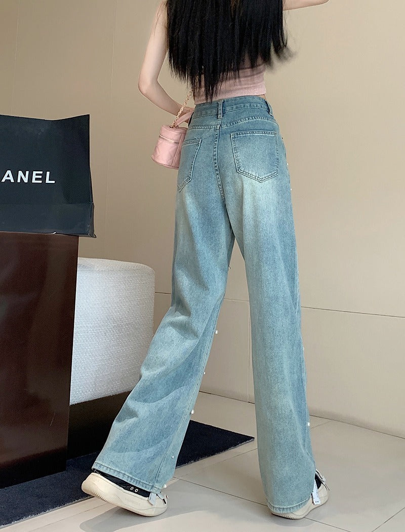 Pearl Straight Jeans High Waist Slim-fit Wide-leg Pants Women